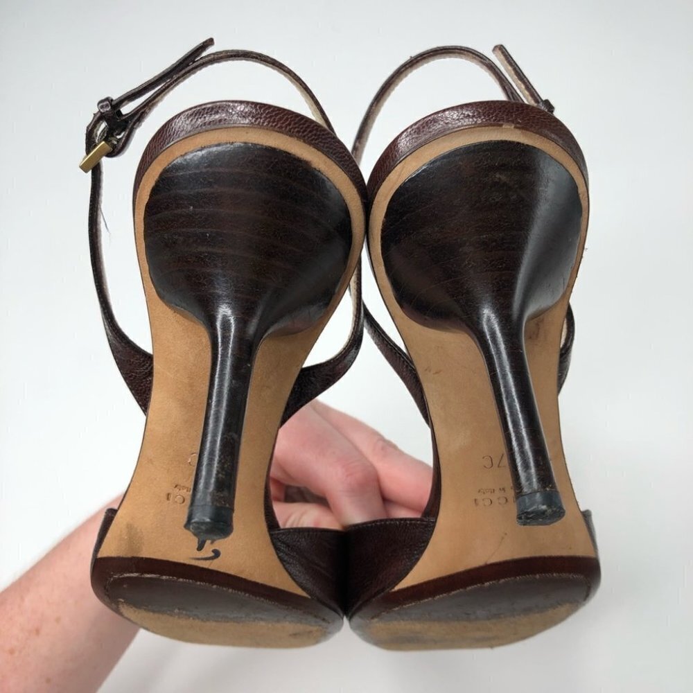 VINTAGE Gucci Leather Chocolate Brown Square Toe Slingback Designer Luxe Heels - Picture 3 of 16